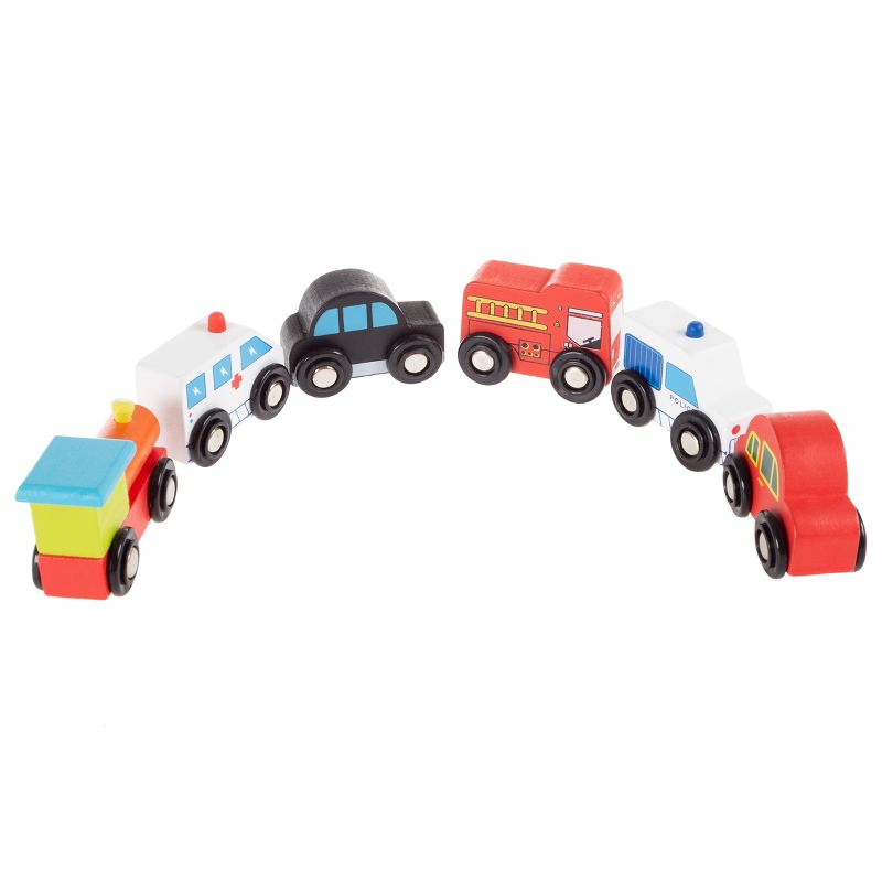 Toy Time Wooden Car PlaySet- 6-Piece Mini Toy Vehicle Set with Cars, Fire Trucks, Train-Pretend Play Fun, 4 of 9
