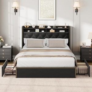 Homhougo Upholstered Full Size Bed Frame with Storage Drawers, Velvet Full Platform Bed with Tufted Headboard and Nailhead Trim Design, Black - 1 of 4