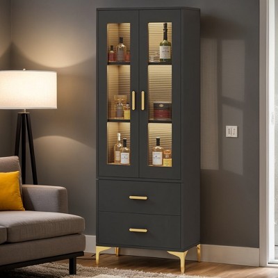 Hommoo Freestanding Storage Cabinet with LED Light, Doors & 2 Drawers