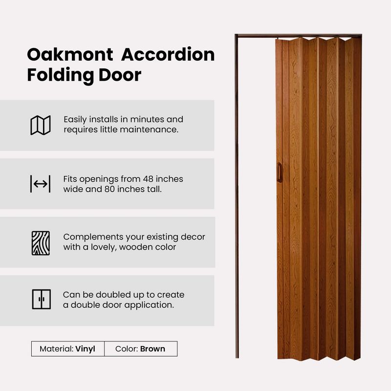 LTL Home Products OAKMT4880PCEC Oakmont Interior Accordion Folding Door with Track and Installation Hardware, 48 Inches Wide x 80 Inches Tall, Pecan, 2 of 7