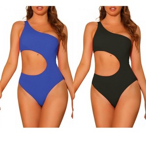 Elerevyo Women's One Shoulder Monokini Asymmetric Waist Cutout Solid Swimwear Bathing Suit 2 Sets - 1 of 4