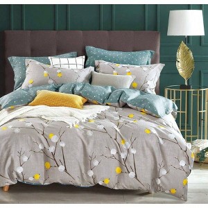 Queen Duvet Cover, 600 TC Cotton Grey Branch with Yellow Turquoise Polka Dot, Green Reversible - 1 of 4