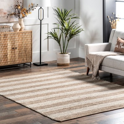 Off-White and Beige Striped Jute Cotton 3' x 5' Area Rug