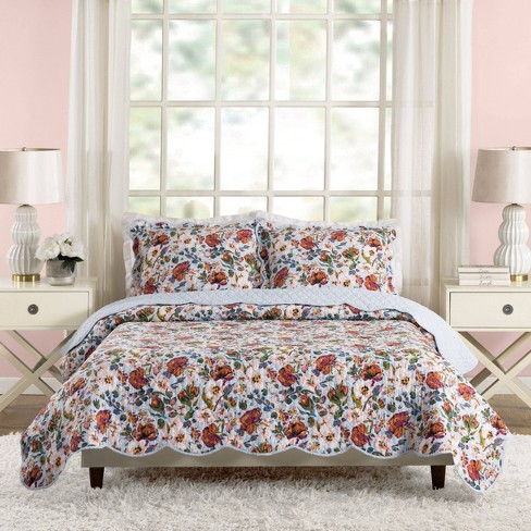 Vera Bradley Bramble Blue Red Multi Floral Full Queen Quilt Pillow Set 2pc  for sale online