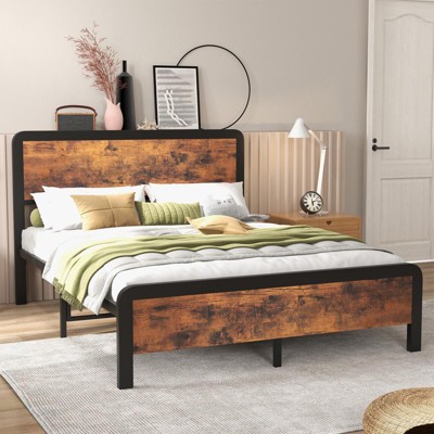Bed Frame with Wood Headboard, Metal Platform Frame with Rounded Corner, 12" Storage Space Under