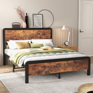 Bed Frame with Wood Headboard, Metal Platform Frame with Rounded Corner, 12" Storage Space Under - 1 of 4