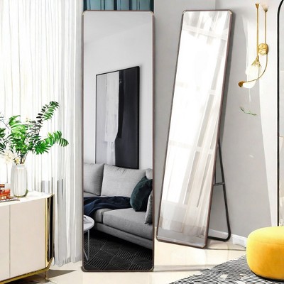 Glasflength Full Length Mirrors Floor Standing Wall Mirror, Bedroom Foyer, Clothing Store, Wall Mounted Mirror, Square Light Brown, 16.5"*0.57"*60"