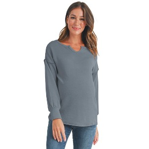 Hello Miz Women's Ribbed Split Neck Long Sleeve Maternity Sweater Top - 1 of 4