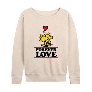 Women's - Peanuts - Forever Love Lightweight French Terry Wide Neck Long Sleeve Shirt - 1 of 4