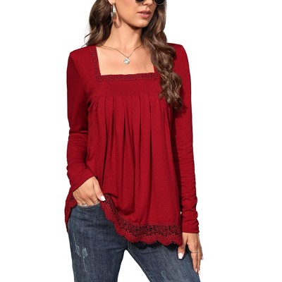 Women's Long Sleeve Tunic Top Lace Panel Square Neck Shirt Pleated Stylish Loose Fit Blouse