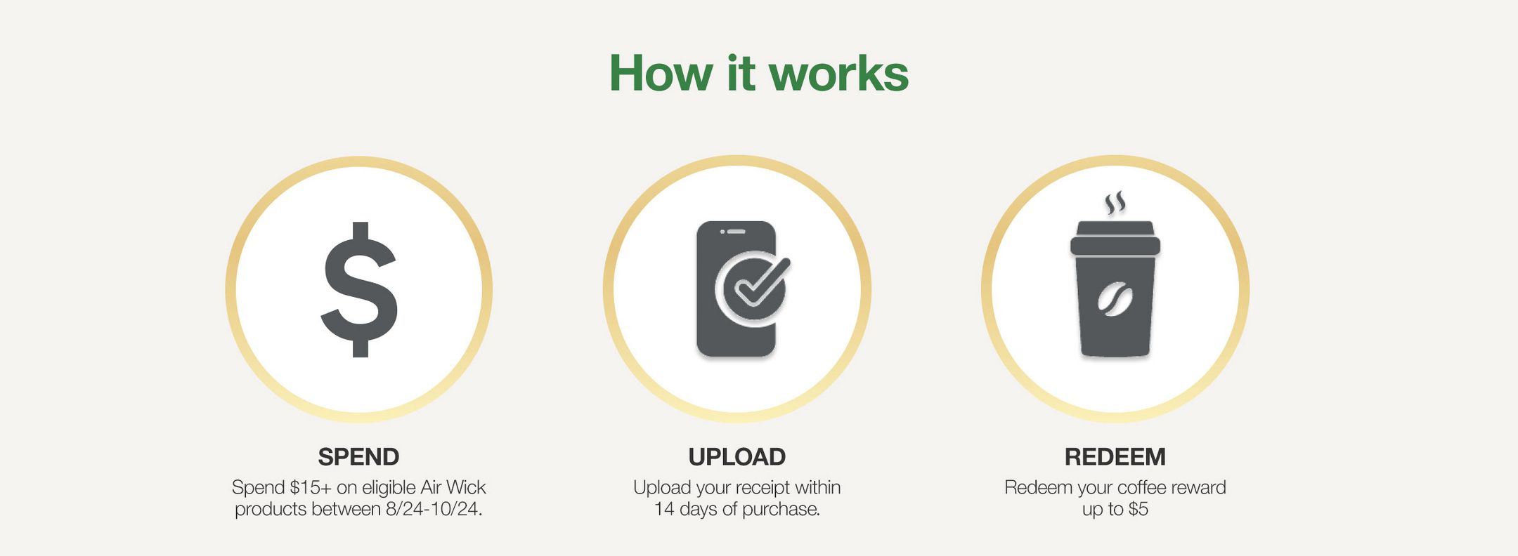 How it works
SPEND Spend $15+ on eligible Air Wick products between 8/24-10/24. UPLOAD Upload your receipt within14 days of purchase. REDEEM Redeem your coffee reward up to $5 