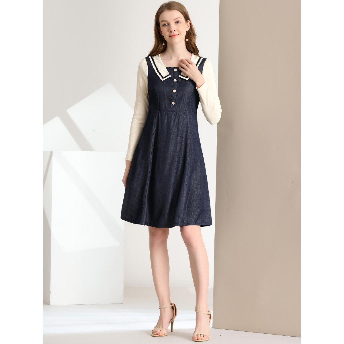 Женские платья INSPIRE CHIC Women's Chambray Contrast Collar Long Sleeve Denim Dresses X-Small Blue — фото 3