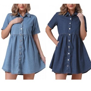 INSPIRE CHIC Women's Denim Short Sleeve Button Down Turndown Collar Babydoll Mini Shirt Dresses 2 Packs - 1 of 4
