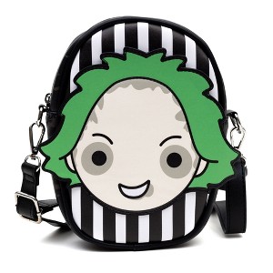 Horror Movies Vegan Leather Crossbody Bag with Adjustable Strap, Beetlejuice Smiling Chibi Face Applique, Stripe Black White, 7" x 8" - 1 of 4
