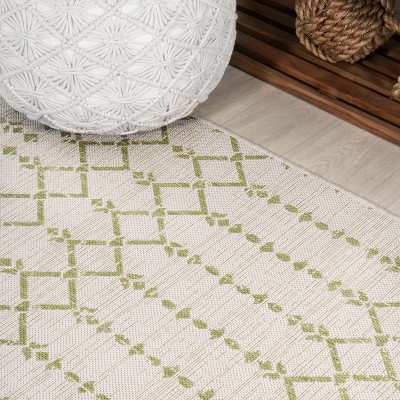Cream and Green Geometric Synthetic Square Rug