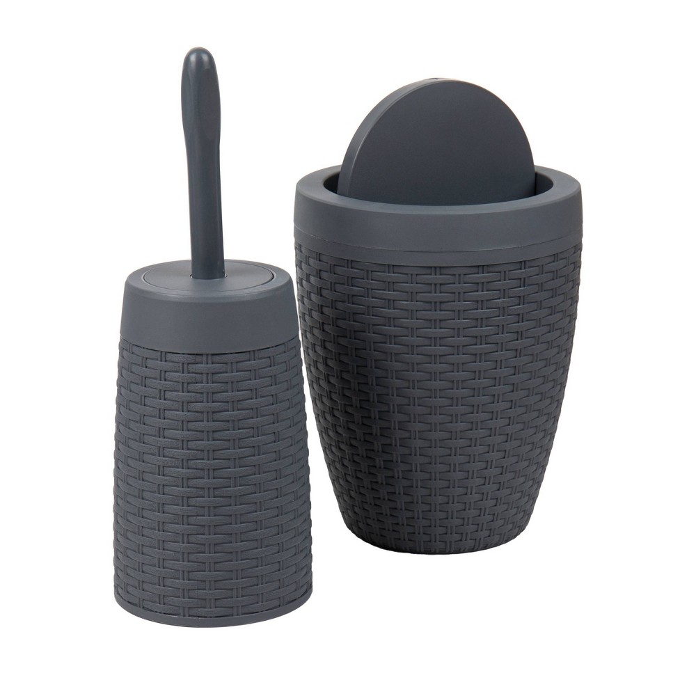Photos - Waste Bin Round Premium Wicker Look Wastepaper Basket and Toilet Brush Set Gray - Mi