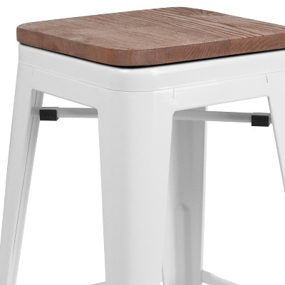 24" White Metal and Brown Wood Backless Counter Stool