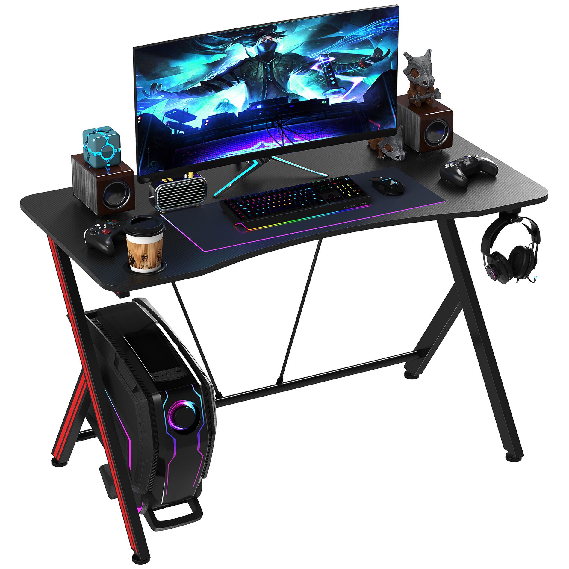HOMCOM Gaming Computer Desk, Home Office Gamer Table Workstation with Cup Holder, Headphone Hook, Cable Management, Carbon Fiber Surface