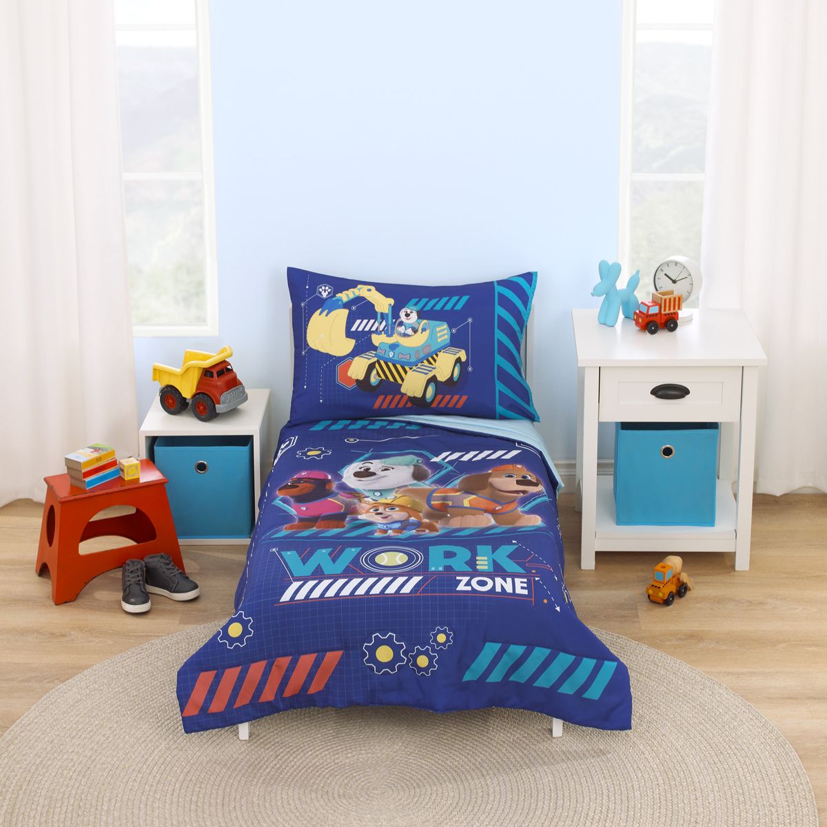 NoJo Disney Junior Pupstruction Work Zone 4 Piece Toddler Bed Set - Comforter, Fitted Bottom Sheet, Flat Top Sheet, and Reversible Pillowcase