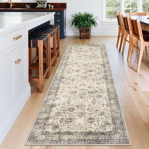 Non-Slip Non-Shedding Washable Rug - Low Pile Traditional Distressed Retro Carpet Soft Floral Print Mat for Dining Room Bathroom Kitchen - 1 of 4