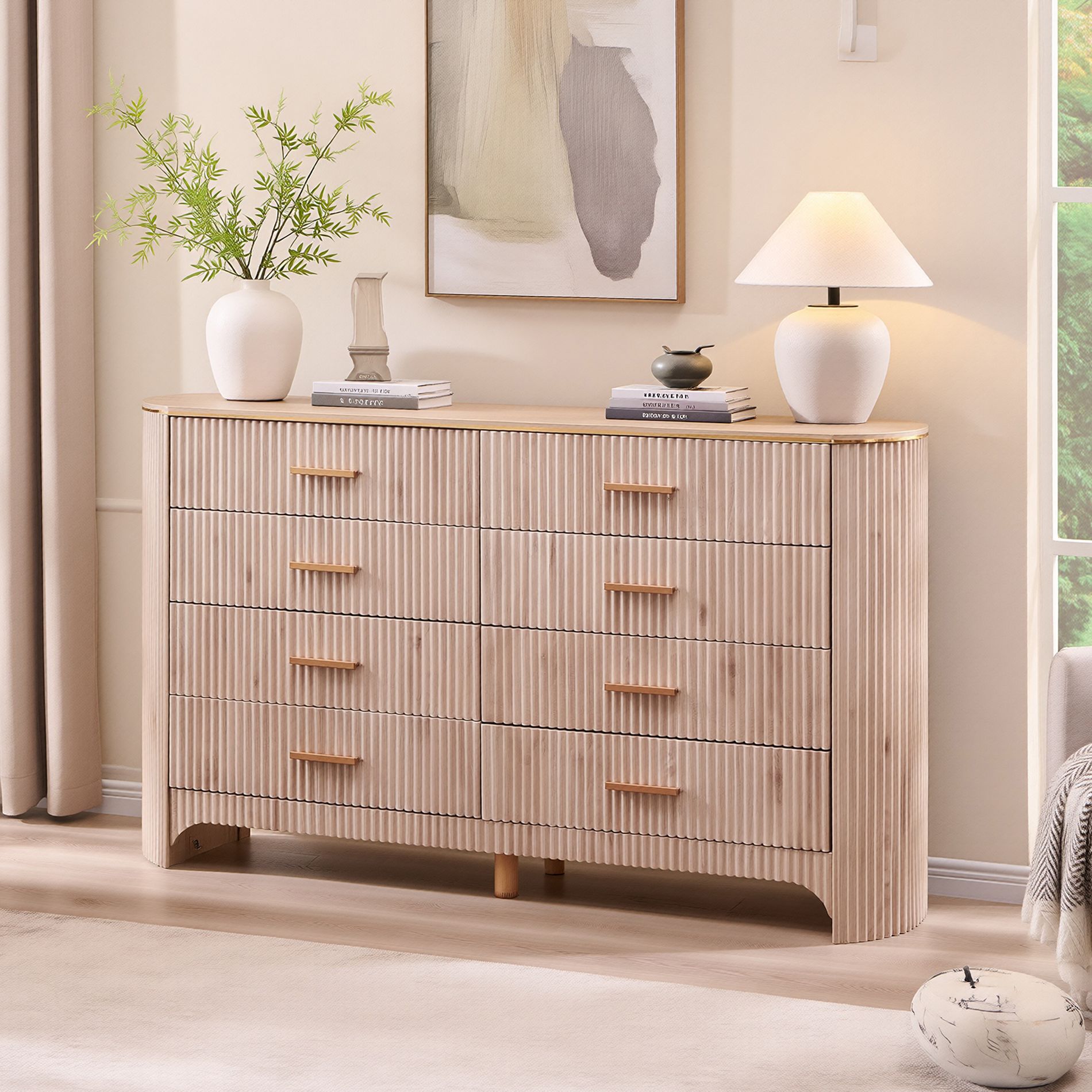 8 Drawer Dresser for Bedroom, 53.9" Wide Drawers with Gold Handles, Curved Profile, Wood Storage Dressers Organizer for Living Room, Light Oak