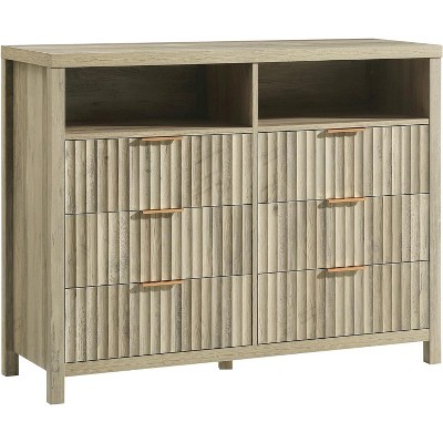 6-Drawer 47"x37"x16" Farmhouse Dresser with 2 Open Shelves, Fluted Doors, Wooden Chest for Bedroom Storage, Living Room