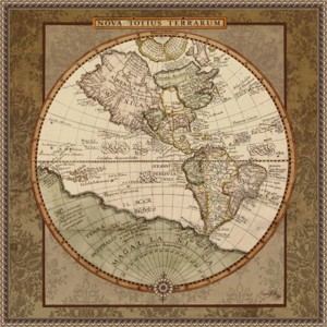 22"x22" Damask World Map I by Elizabeth Medley Framed Canvas Wall Art Print Bronze - Amanti Art: Modern Style, Polystyrene Frame - 1 of 4