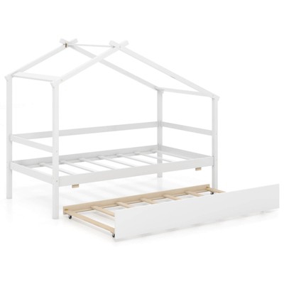 Infans Twin House Bed with Trundle with Roof and Fence Rails Wooden Platform Bed Frame