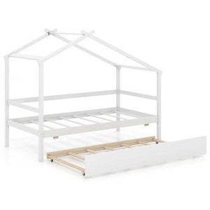 Infans Twin House Bed with Trundle with Roof and Fence Rails Wooden Platform Bed Frame - 1 of 4