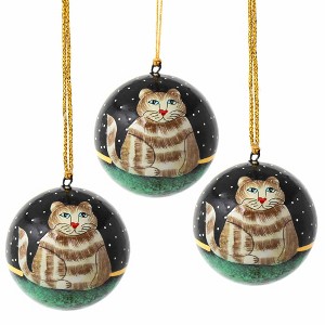 Slickblue Set of 3 Handcrafted Papier-Mâché Christmas Ornaments – Whimsical Cat, Elephant, and Bird Designs with Tassels - 1 of 3