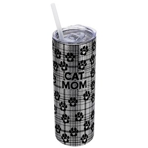 Elanze Designs Plaid Paw Prints Silvertone Sparkle 20 Ounce Double Wall Stainless Steel Glitter Travel Tumbler With Sliding Lid And Straw, Cat Mom - 1 of 4