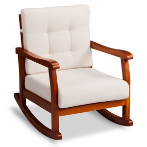 Karl Home | Brown Fir Wooden Rocking Chair With Removable Beige Cushion - 1 of 4