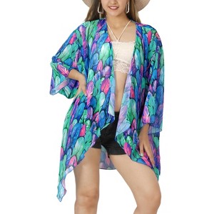 HAPPY BAY Women's Open Front Summer Beach Swimwear Coverups Bikini Cardigan Swimsuit Duster Holiday Beachwear Mini Bathing Suit Duster L-XL Blue, Leaf - 1 of 4