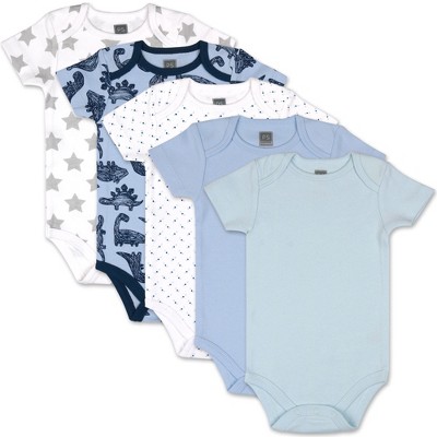 The Peanutshell Baby Boy Short Sleeve Bodysuits, 5-Pack, Blue/Navy/Gray/Dino, Newborn