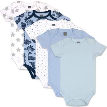 The Peanutshell Baby Boy Short Sleeve Bodysuits, 5-Pack, Blue/Gray/Dino, Newborn to 24 Months