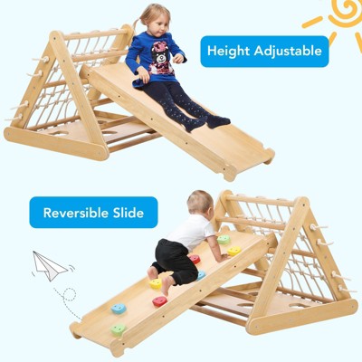 TROPOW Toddler Indoor Gym Playset, 3in1 Wooden Climbing Toys, 3-Sided Wooden Triangle Climber with Climbing Net,Sliding Ramp, Sandbags
