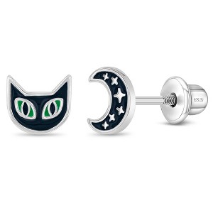 Girls' Cat in The Moon Screw Back Sterling Silver Earrings - In Season Jewelry - 1 of 4