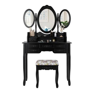 Tangkula Tri-Folding Mirror Vanity Makeup Set Dressing Table & Stool Unit w/ 7 Drawer - 1 of 4