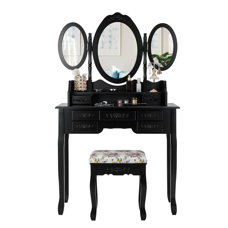 Tangkula Tri-Folding Mirror Vanity Makeup Set Dressing Table & Stool Unit w/ 7 Drawer, 1 of 7