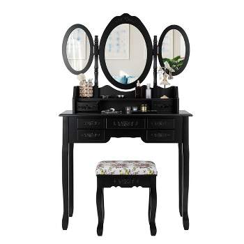 Tangkula Tri-Folding Mirror Vanity Makeup Set Dressing Table & Stool Unit w/ 7 Drawer