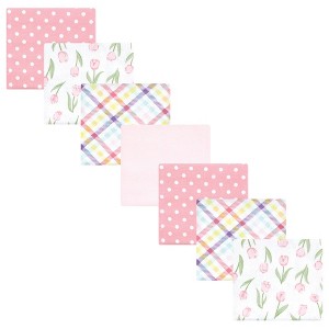 Hudson Baby Infant Girl Cotton Flannel Receiving Blankets Bundle, Pink Tulips, One Size - 1 of 4