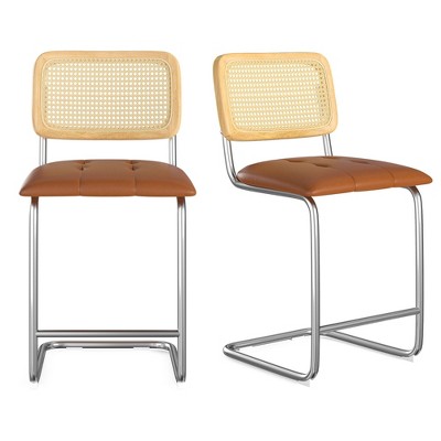 AZL1 Life Concept Dining Sets 2 Pcs 24 inch Armless Bar Stools, Upholstered Leather Barstools, Rattan Back for Kitchen, Brown, 18.9"*17.7"*37.4"