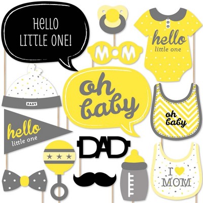 Big Dot of Happiness Hello Little One - Yellow and Gray - Neutral Baby Shower Photo Booth Props Kit - 20 Count