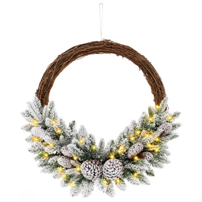 Tangkula Pre-lit Artificial Christmas Wreath Snow Flocked Xmas Hoop Wreath with 35 LED Lights 65 Branch Tips 8 Natural Pine Cones 1pc/2pcs