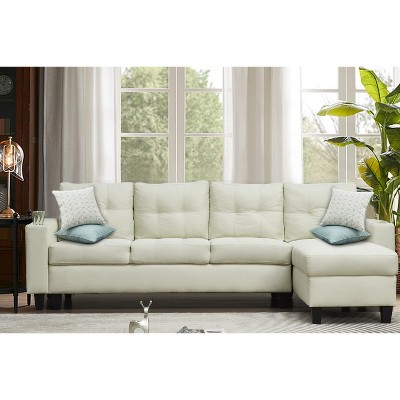 Reversible Sectional Couch Sofa, Modern Linen Fabric 4-Seat Couch with cupholder, L-Shaped Sofa with Reversible Chaise for Living Room
