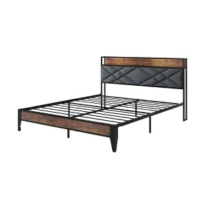 Platform Bed Frame with Faux Leather Upholstery, Adjustable Button-Tufted Headboard, Heavy-Duty Mattress Foundation - 1 of 4