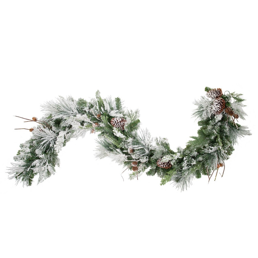 Haute Décor 6ft Pre-Lit LED Snowfall Creek Flocked Artificial Garland: Pinecones, Faux Snow, Indoor/Outdoor Use