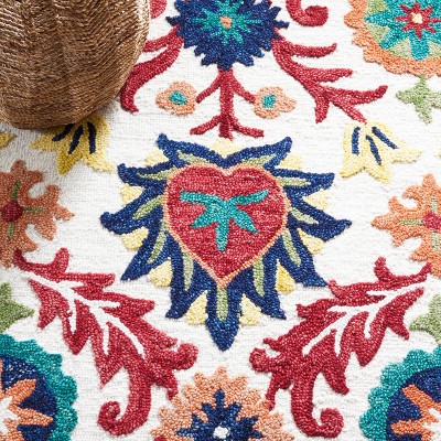 Ivory and Green Floral Wool Runner Rug
