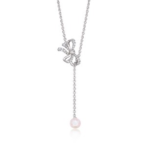 Ross-Simons 7-7.5mm Cultured Pearl and .24 ct. t.w. Diamond Bow Lariat Necklace in Sterling Silver Size 18 - 1 of 3