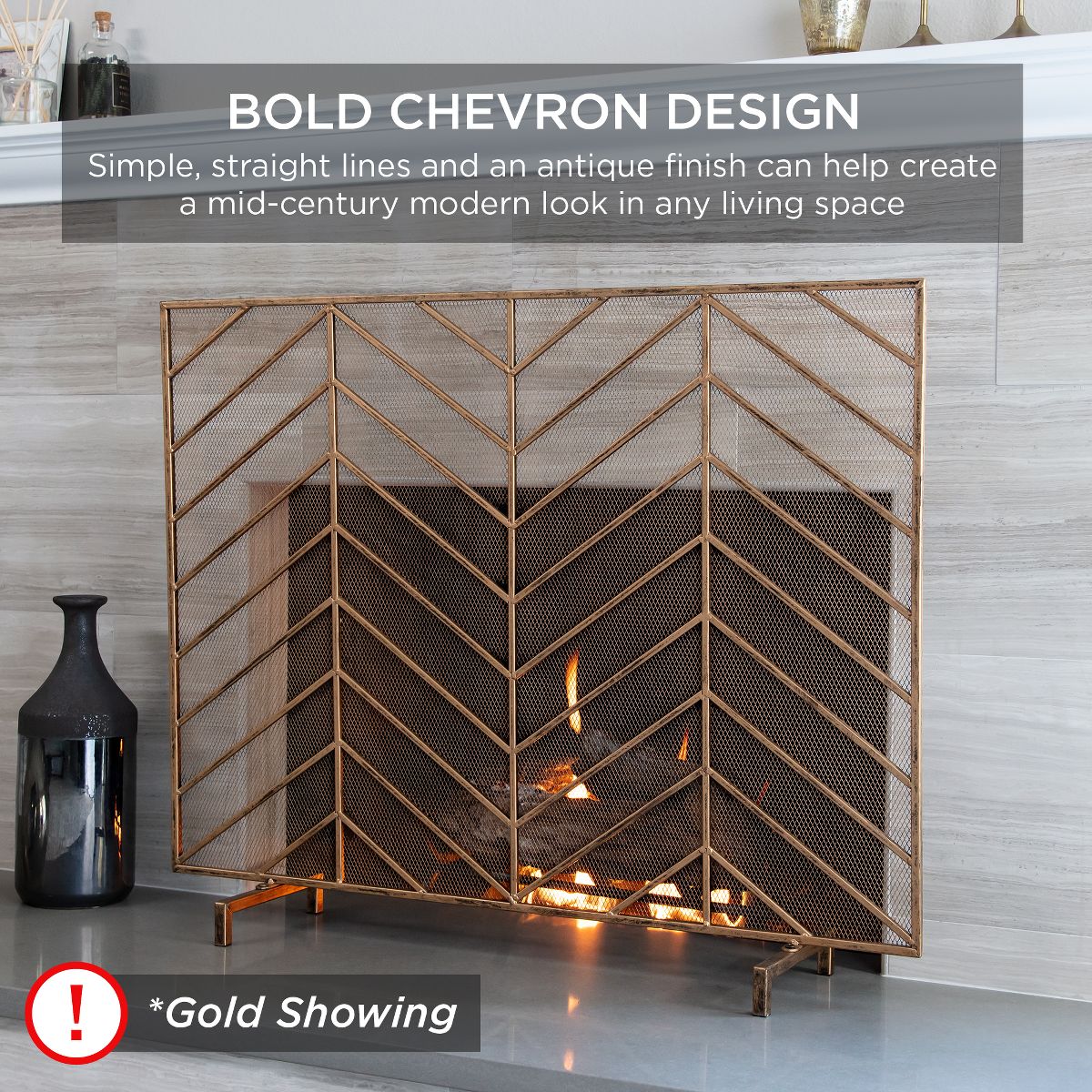 Best Choice Products 38x31in Single Panel Handcrafted Iron Chevron Fireplace Screen w/ Distressed Finish - Satin Black - thumbnail 2